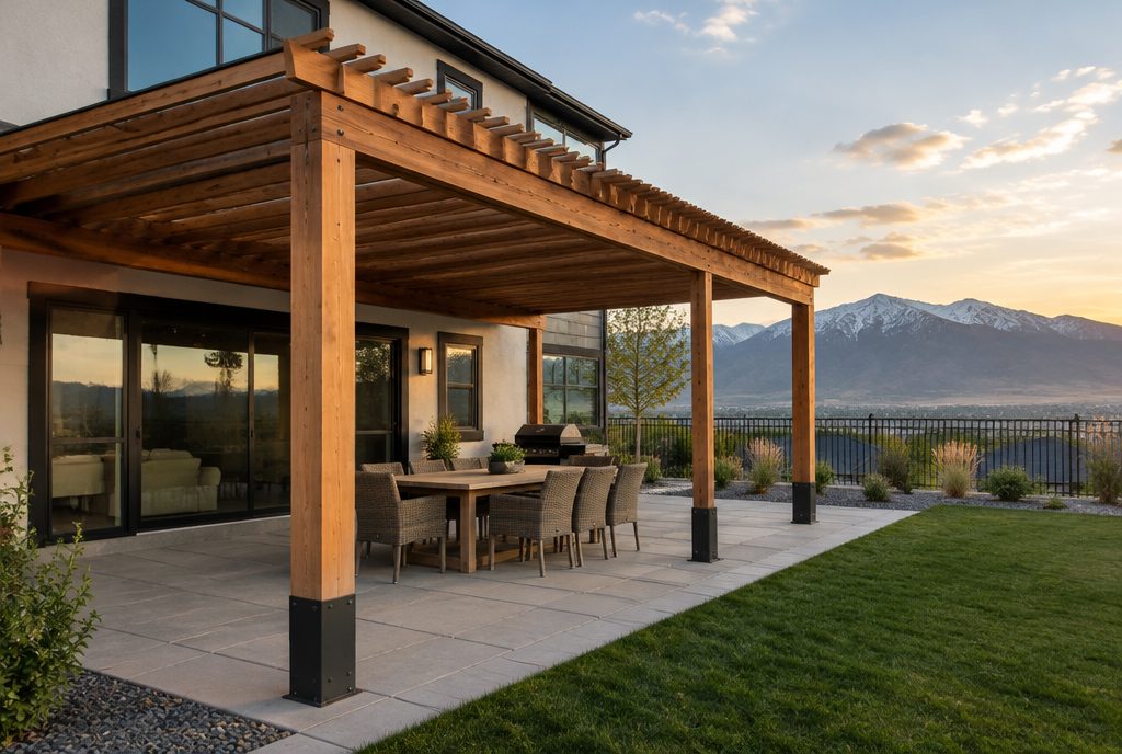 Attached timber pergola over a patio on the back of a two-story Utah home, a layout common in South Jordan