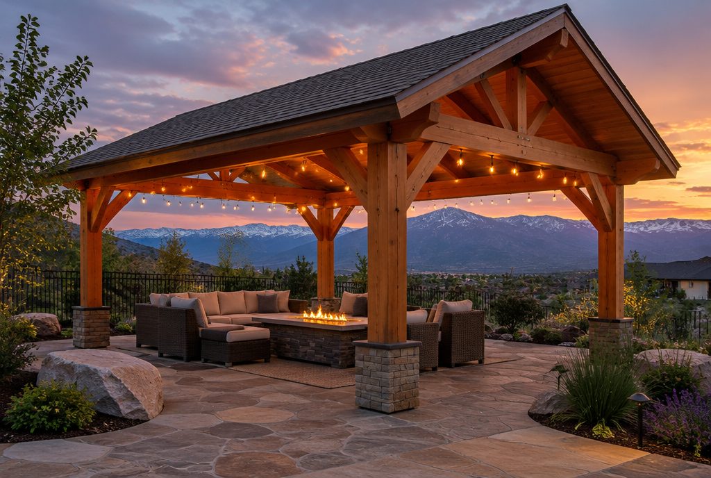 Roofed timber frame gazebo with a fire table and string lights at dusk, a style suited to Draper hillside yards