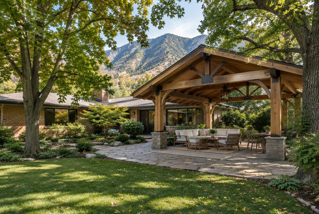 Timber frame pavilion on a flagstone patio behind a brick rambler under mature trees in Holladay, Utah