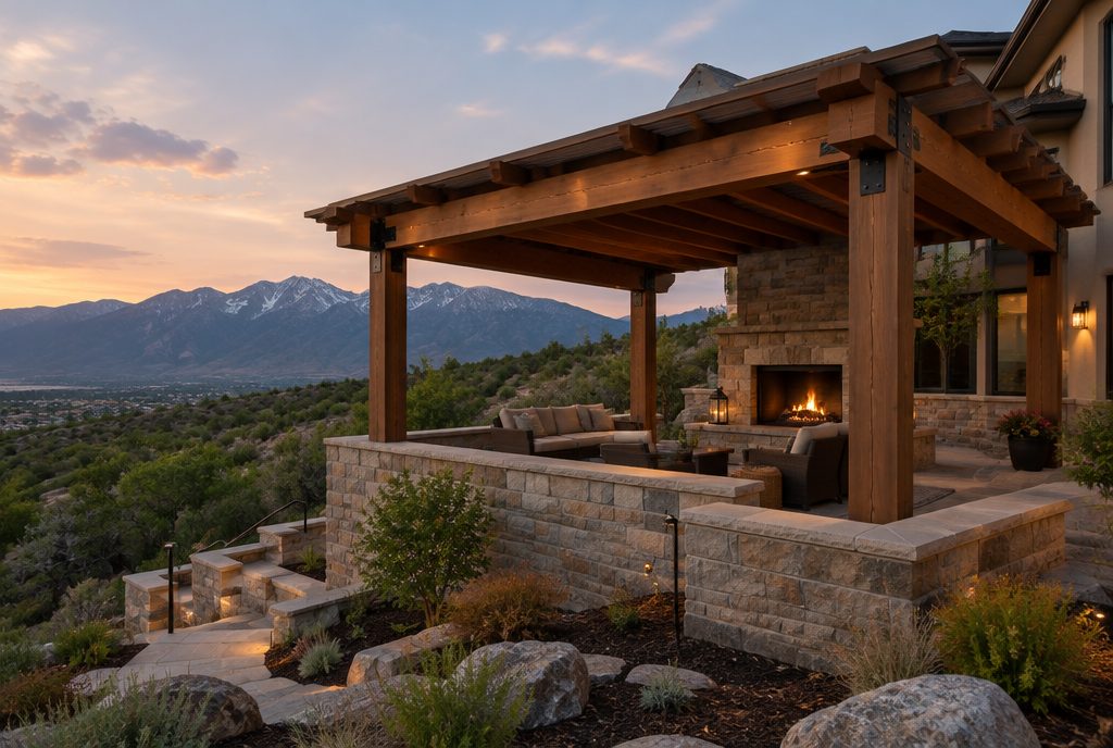 Timber pergola with stone fireplace on a terraced hillside patio behind a Draper, Utah home at dusk