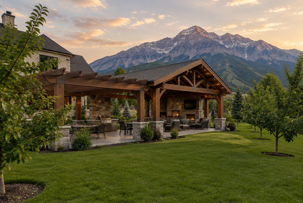 Large timber pergola with a covered pavilion section on an estate lot in Highland, Utah with a mountain behind