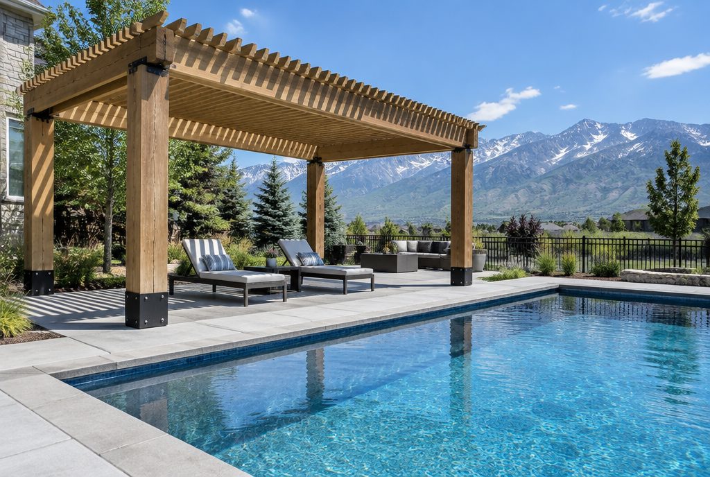 Timber pergola beside a backyard pool, the kind of larger outdoor-living layout built on Highland lots