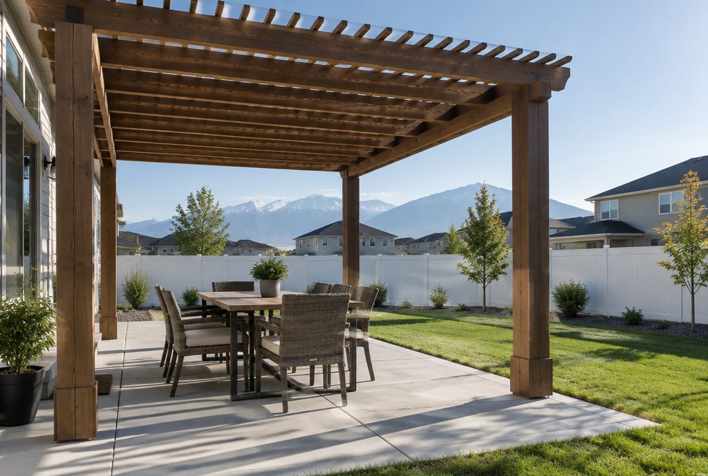 Timber pergola over a concrete patio dining set in a South Jordan, Utah backyard with a vinyl fence and mountain view