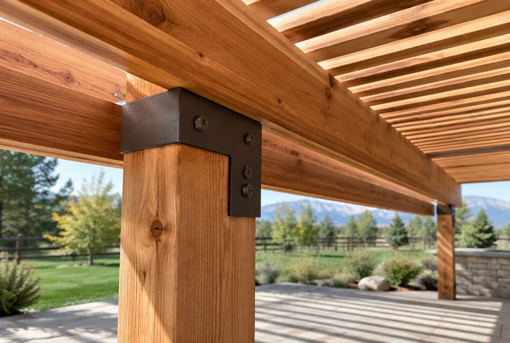 Douglas fir post and beam with a dark steel bracket, the joinery used on Holladay timber pergolas